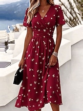 abordables Vestidos florales elegantes-Mujer Vestido Midi Vestido de una línea Vacaciones Casual Boho Ajuste regular Floral Graphic Manga Corta Escote en Pico Azul Piscina Rojo Verde Trébol Verano Primavera
