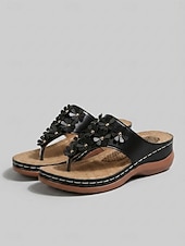 baratos Chinelos de slide-Sandálias femininas douradas com estampa floral, confortáveis e com tira entre os dedos em 3D, palmilha massageadora e amortecimento para maior conforto, ideais para viagens e caminhadas. &amp;uso diário
