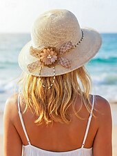 cheap Women's Hats-Women's Bohemian Straw Sun Hat, Multi-Color Wide Brim Beach Vacation Hat with 3D Flower Decor for Casual Wear