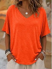 cheap Camiseta lisa-Women's T Shirt Tee Top Solid Color Stylish Casual Short Sleeve V Neck Regular Tops Daily Summer Vacation Wear Blue Khaki White Orange Coffee Summer Spring