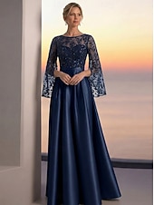 cheap A-Line Evening Dresses-A-Line Floor Length Evening Gown Elegant Glittering Floral Short Sleeve Crew Neck Evening Party Wedding Pocket Satin Lace with Pleats Beaded Eembroidered
