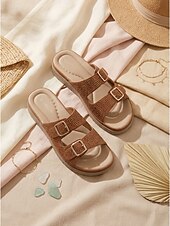baratos Sandálias Confortáveis-Sandálias femininas marrons com fivela dupla e strass – chinelos de verão brilhantes e confortáveis com palmilha macia e acolchoada para pés inchados, ideais para férias. &amp;roupa casual para o dia a