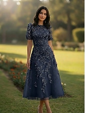 abordables Vestidos de cóctel-A-Line Tea Length Cocktail Dresses Elegant Vintage Floral Short Sleeve Crew Neck Wedding Formal Pink Dress Lace Tulle with Beaded Eembroidered Appliques