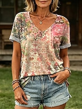 preiswerte Blumen-T-Shirt-Damen T Shirt Druck Blumen Grafik Stilvoll Klassisch Lässig Kurzarm V Ausschnitt Normale Oberteile Lässig Täglich Blau Rosa Sommer Frühling
