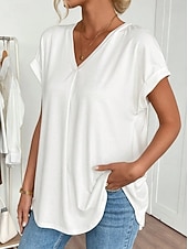 abordables Blusas Sencillas-Women's Shirt Boho Shirt Pleated Elegant Vacation Daily Short Sleeve V Neck Long Tops Casual Daily Going out Black White Pink Sky Blue Green Summer Spring