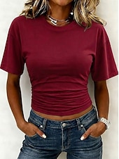 abordables Camiseta lisa-Mujer Camiseta Camiseta superior Frunce Color sólido Plano Vintage Moda Elegante Sin Mangas Manga Corta Cuello Barco Tops cortos Casual Diario Noche Azul Piscina Negro Blanco Rosa Gris Verano