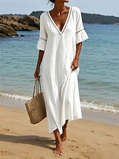 cheap Plain Dress-Women's Midi Dress Boho Dress Sundress Casual Dress Elegant Fashion Modern Outdoor Vacation Going out Loose Fit Plain Half Sleeve V Neck Blue Khaki White Pink Summer Spring