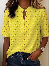 preiswerte Streifen- und geometrische Blusen-Damen Bluse Knöpfe Druck Grafik Geometrisch Vintage Stilvoll Modern Kurzarm Hemdkragen Normale Oberteile Lässig Täglich Blau Gelb Rosa Grün Sommer Frühling