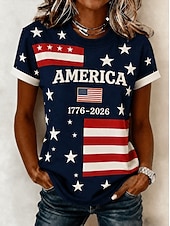  アメリカ独立記念日 女性用 Tシャツ プリント グラフィック フラッグ レタード ヴィンテージ ファッション スタイリッシュ 半袖 クルーネック ラウンドネック ロングトップス カジュアル 日常 週末 ブルー ホワイト レッドとブルー 夏 春 秋