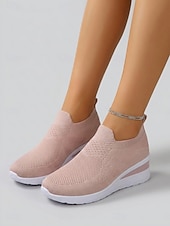ieftine Femei-Teniși slip-on albi tricotați cu platformă pentru femei – pantofi sport ușori și respirabili, pentru activități în aer liber, plimbări, călătorii și purtare zilnică