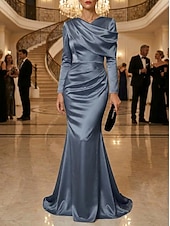 cheap Mermaid Evening Dresses-Mermaid Trumpet Floor Length Evening Gown Elegant Empire Waist Evening Long Sleeve High Neck Evening Party Wedding Stretch Satin with Pleats Solid Color