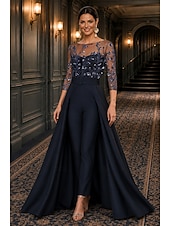 economico Tute della mamma-Tuta Completo Pantalone Lunghezza alla caviglia Abito da cerimonia per signora Manica 3/4 Scollo a Barca Elegante Formale Ospite di nozze Semi-Formale Pizzo Crepe Elasticizzato con Perline Paillettes