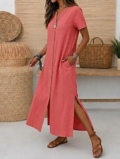  Per donna Abito maxi Abiti di lino Vintage Quotidiano Vestibilità regolare Semplice Manica Corta Scollo a V Rosso Azzurro Estate