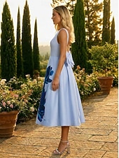  Linea ad A Lunghezza Tè Abito Derby Abiti da Cocktail Elegante Senza Maniche Scollo a Barca Formale Derby del Kentucky Raso Senza schiena con Stampa floreale Fiocco/Fiocchi