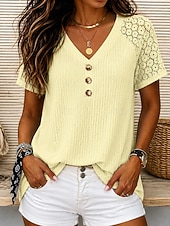 preiswerte Einfarbiges T-Shirt-Women's T Shirt Lace Solid Color Vintage Stylish Casual Short Sleeve V Neck Regular Tops Casual Daily Blue White Yellow Pink Summer Spring