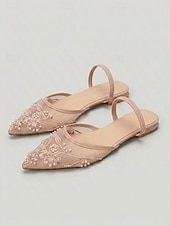 tanie Buty na płaskim obcasie damskie-Damskie białe sandały z siateczki - eleganckie, haftowane kwiatowo, spiczaste czółenka na niskim obcasie, idealne na wieczorne przyjęcie lub wesele &amp;luksusowe wakacje w kurorcie