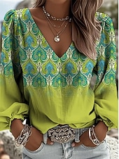 cheap Art&amp;Design Blouses-Women's Shirt Graphic Geometric Paisley Bohemia Vacation Vintage Long Sleeve V Neck Long Tops Casual Daily Holiday Blue Purple Orange Green Summer Spring Fall Winter