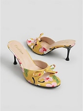 baratos Sandálias de salto-Women's Vibrant Yellow Floral Heeled Mules - Elegant High Stiletto Sandals with Bow Detail for Summer Vacations, Tropical Evening Parties &amp; Tropical Getaway Dinners