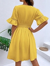 cheap Plain Dress-Women's Knee Length Dress Sundress Casual Dress Vacation Casual Boho Beach Party Date Regular Fit Plain Short Sleeve V Neck Blue White Yellow Red Summer Spring