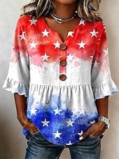  día de la independencia americana Mujer Blusa Retazos Botones Estampado Graphic Bandera estadounidense Vintage Elegante Media Manga Escote en Pico Tops regulares Casual Diario Fin de semana Azul