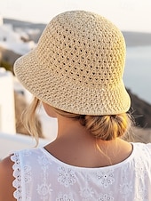 billige Ferietilbehør-dame vintage stråbøttehatt – håndvevd pustende solhatt, lett &amp;sammenleggbar, elegant strandhatt for sommerferier, reiser og utendørsaktiviteter