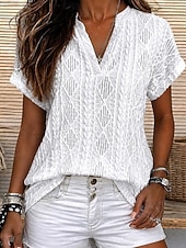  Mujer Blusa con textura Elegant Tops tejidos con textura Con Texturas Geométrico Elegante Clásico Manga Corta Escote en Pico Tops largos Casual Blanco Amarillo Verano Primavera