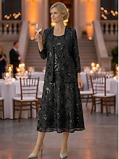 preiswerte Mamas Kleidersets-Zweiteilig A-Linie Knöchellänge Tee-Länge Kleid für Hochzeitsgäste Brautmutterkleid Ärmellos Langarm Rundausschnitt Elegant luxuriös Glanz &amp; Glamour Formell Hochzeitsgast Chiffon Paillettenbesetzt mit