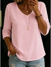  Mujer Camiseta Color sólido Elegante Clásico Manga 3/4 Escote en Pico Tops largos Casual Azul Piscina Negro Blanco Verde Claro Rosa Verano Primavera
