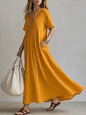 economico Vestito Semplice-abito lungo da donna elegante stile bohémien boho con pieghe, scollo a V, maniche corte, vestibilità ampia, tinta unita, blu chiaro, azzurro, giallo, verde chiaro, estate primavera