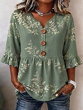  Mujer Blusa Botones Estampado Floral Graphic Cachemir Vintage Elegante Moderno Media Manga Escote en Pico Tops regulares Casual Diario Blanco Amarillo Verde Trébol Verano Primavera