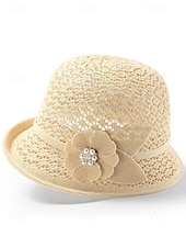 baratos Chapéus Femininos-Chapéu bucket feminino dobrável em poliéster respirável – chapéu de sol de verão com flor decorativa e pérola, multicolorido, elegante para uso externo, jardim, praia e férias.