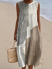 abordables Vestidos a Rayas y Geométricos-Mujer Vestido Midi Vestido de cambio Vestido de verano Vestido de una línea Vacaciones Casual Boho Playa Noche Holgado Graphic Geométrico Abstracto Sin Mangas Cuello Barco Amarillo Rosa Gris Verano