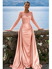 economico Abiti da ballo-Sirena Tromba Lunghezza al pavimento Abito da Sera Elegante Brillare &amp; Splendere Manica Lunga Scollo Illusione Carnevale Mascherata Abito Champagne per la Madre della Sposa Raso Con Paillettes con