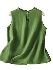  Mujer Camisa Textura Volante Color sólido Plano Vintage Sin Mangas Cuello Barco Tops regulares Casual Café marrón Negro Amarillo Verde Trébol Gris Oscuro Verano Primavera
