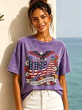 voordelige Onafhankelijkheidsdag Top-Amerikaanse onafhankelijkheidsdag Dames 100% Katoen T-shirt Vintage gewassen tops Afdrukken Grafisch Brief Vintage Modieus Stijlvol Korte mouw Strakke ronde hals Normale tops Casual Dagelijks blauw