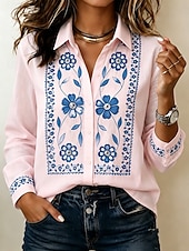 cheap Floral Blouses-Women's Shirt Blouse Ruched Patchwork Embroidered Floral Graphic Vintage Casual Long Sleeve Shirt Collar Regular Tops Casual Daily Blue White Pink Gray Summer Spring Fall Winter