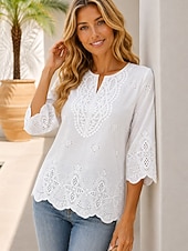 abordables Blusas Sencillas-Mujer Blusa Encaje Bordado Color sólido Elegante Casual Manga 3/4 Escote en Pico Tops regulares Casual Diario Negro Blanco Verano Primavera