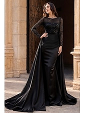economico Abiti da ballo-Sirena Tromba Lunghezza al pavimento Abito da Sera Elegante Brillare &amp; Splendere Manica Lunga Scollo Illusione Carnevale Mascherata Abito Champagne per la Madre della Sposa Raso Con Paillettes con