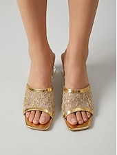 preiswerte Brautmutter/Bräutigammutter-Elegante goldene Damen-Mules mit Blockabsatz aus Mesh: Raffinierte Hochzeitsschuhe für die Mutter der Braut