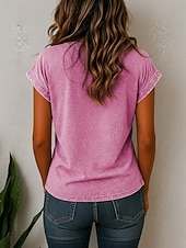 abordables Camiseta lisa-Mujer Algodón lavado 100% Algodón Henley Shirt Bolsillo Color sólido Vintage Elegante Manga Corta Manga Murciélago Tops regulares Casual Verano Azul Piscina Verde Claro Rosa Verano Primavera