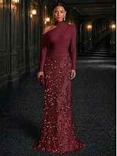 economico Abiti da sera a tubino-Tubino Colonna Lunghezza al pavimento Abito da Sera Abito formale Elegante Scintillante Brillanti Manica Lunga Collo Alto Matrimonio Formale Pizzo Raso Elasticizzato con Pieghe Perline ricamate