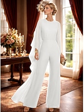 cheap Mom's Jumpsuits-Jumpsuit Pantsuit Floor Length Mother of the Bride Dress 3/4 Length Sleeve Crew Neck Elegant Simple Minimalist Formal Wedding Guest Chiffon with Ruched