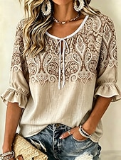voordelige Kunst en Ontwerp Blouses-Dames Blouse Afdrukken Ombre Grafisch Paisley Vintage Dagelijks Stijlvol Halve mouw Stropdas nek Normale tops Casual Dagelijks blauw Khaki Blozend Roze Zomer Lente