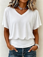 abordables T-shirt uni-Femmes T-shirt Cordon de serrage Uni Mode Élégant Basique Manche Courte Col en V Hauts Réguliers Occasionnel Quotidien Sortir Noir Blanche Rose Claire Marron Été Printemps