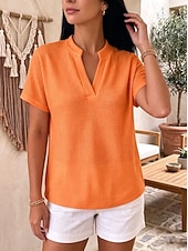 billiga Enkla blusar-Dam Våffelskjorta Ensfärgat Elegant Aktiv Semester Ärmlös Halvlång ärm V-hals Vanliga toppar Ledigt Dagligen Utomhus Blå Vit Orange Sommar Vår Höst