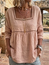  Femmes Chemises en coton et lin Chemisier Couleur Unie Élégant Bohème Manche 3/4 Col carré Hauts Réguliers Extérieur Bleu Blanche Rose Claire Vert Kaki Été Printemps