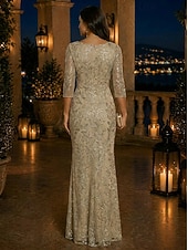 preiswerte Schlauch-Abendkleider-Schlauchkleid Bodenlang Abendkleid Festliche Kleidung Elegant Glitzernd Glitzern Dreiviertelarm V Ausschnitt Hochzeit Formell Spitze mit Schlitz Perlenbestickt