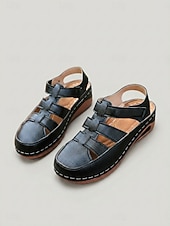 baratos Sandálias Planas-Sandálias femininas vermelhas escuras de bico fechado - calçado casual confortável com design vazado em tecido, sandálias de verão respiráveis com fecho de velcro para uso diário e viagens. &amp; andando