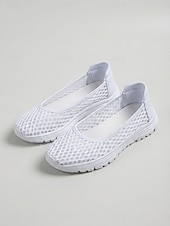 お買い得  レディーススニーカー-女性用ホワイト通気性メッシュスリッポンウォーキングシューズ - 一日中履ける軽量で快適なカジュアルフラットスニーカー、普段使い、旅行にも最適 &amp;アウトドアアクティビティ