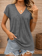 billiga Enkel t-shirt-Dam T-shirt T-tröja Ensfärgat Elegant Mode Ledigt Kortärmad V-hals Crop Tops Ledigt Dagligen Sommar Vinrött Blågrön Svart Vit Rodnande Rosa Sommar Vår